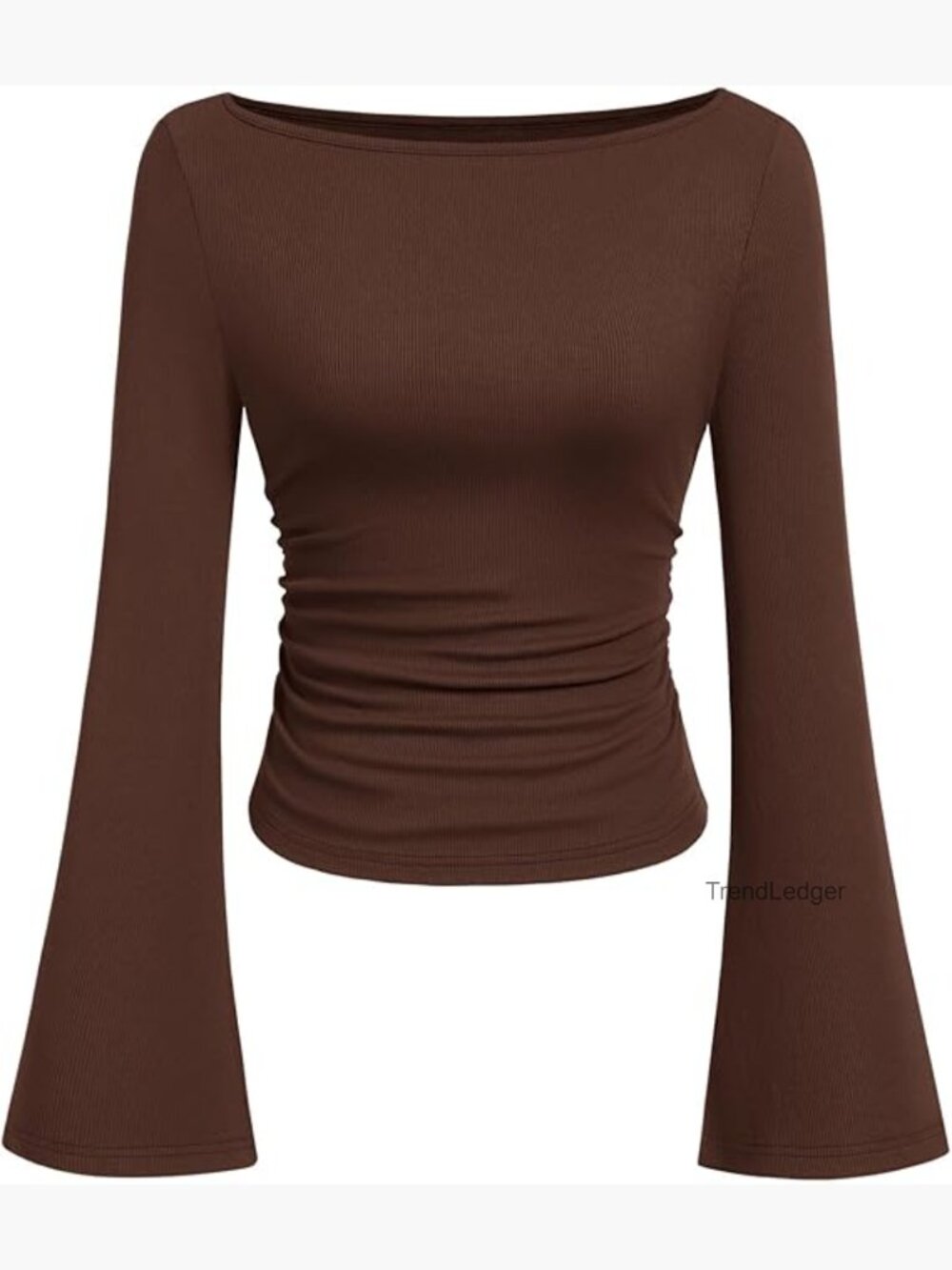 Slim Fit Long Sleeve Crop Top Ribbed Knit Bell Sleeve Boat Neck